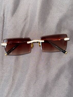 James Oro Brown Gradient Rimless Sunglasses with Gold & Crystal Accents